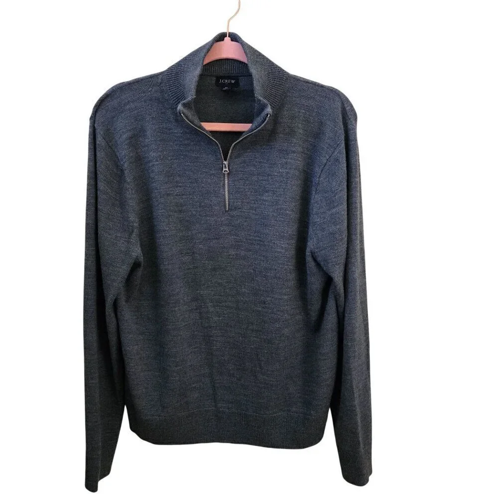 J. Crew Marled Blue Gray Merino Wool Blend 1/2 Zip Mock Neck Sweater Size M